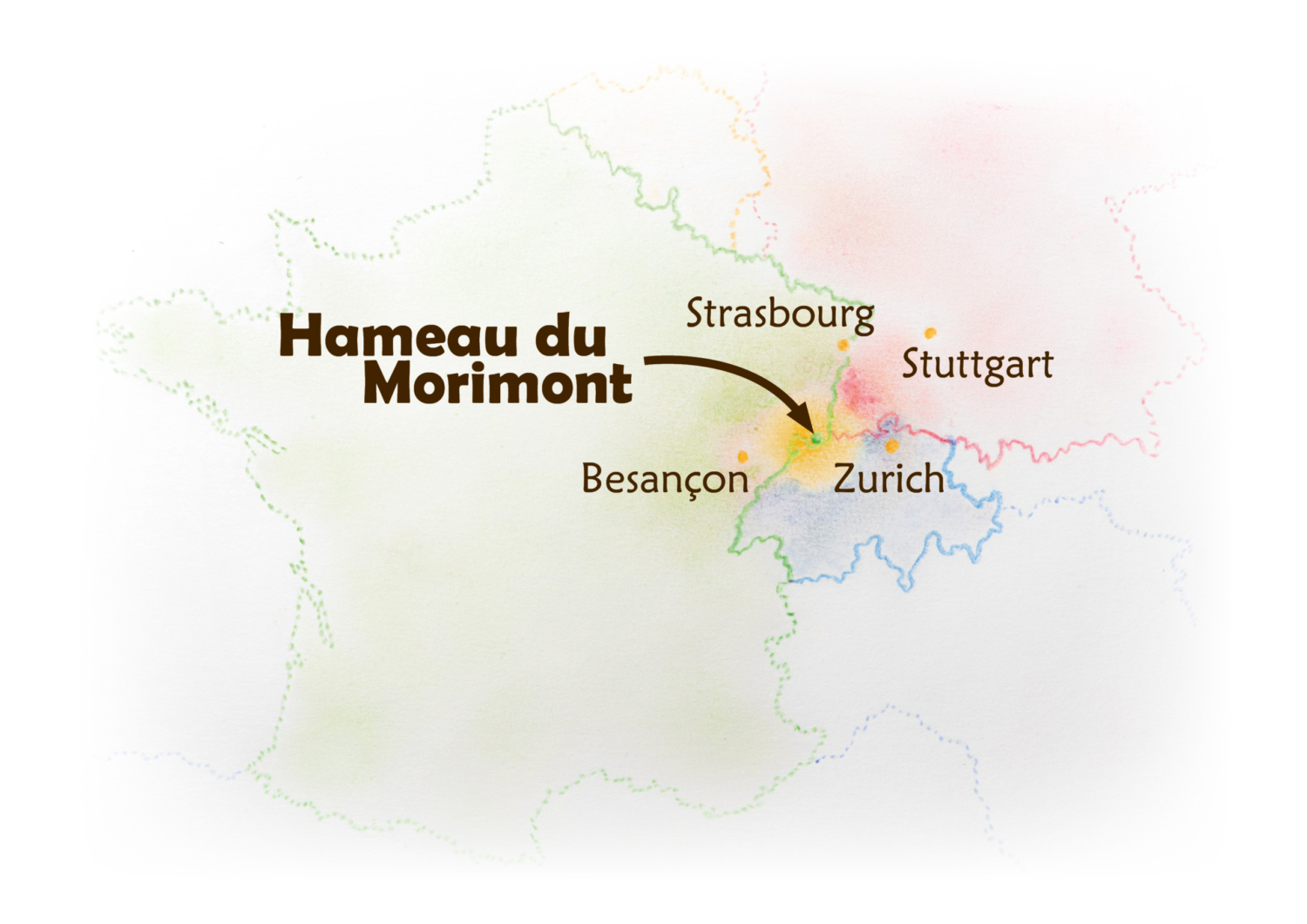 Carte aquarelle situant le Hameau du Morimont au cœur de l’Europe, entre Strasbourg, Besançon, Stuttgart et Zurich